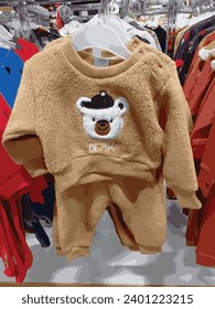 Baby body suits fashion style | Newborn baby boy set clothes as bodysuit, booties, baby bodysuit hanging with little socks on a stonewall background. baby shirt cute boys sits dressing apparel fabric