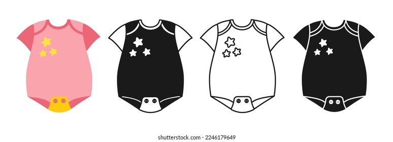 Baby bodysuit cartoon icon set. Child shirt clothes for newborn, onesie vest line symbol. Cute simple nursery kids accessory objects collection. Birthday child toddler memory scrapbook kit vector