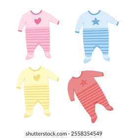 Baby bodysuit clipart in different colors. Baby clothing vector in cartoon style. Baby element, baby shower flat vector isolated on white background. 