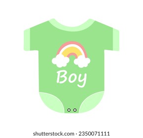 Baby bodysuit concept. Green overall with rainbow and boy inscription. Sticker for social networks and messengers. Cartoon flat vector illustration isolated on white background