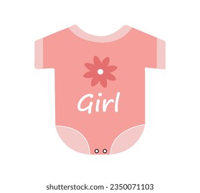 Baby bodysuit concept. Red overall with flower and girl inscription. Fabric and textile, cotton. Poster or banner for website. Cartoon flat vector illustration isolated on white background
