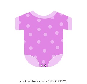 Baby bodysuit concept. Violet overall with white flowers. Fabric and textile, cotton. Comfort and coziness, fashion and trend. Cartoon flat vector illustration isolated on white background