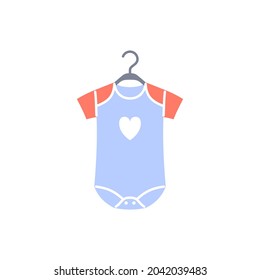 Baby bodysuit flat icon isolated on white background. Color newborn girl and boy clothing on hanger with heart. Sign or logo for children fashion store design. Beautiful kids cloth vector illustration