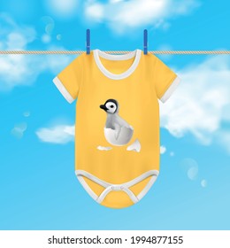 Baby bodysuit realistic background with cute clothes and sky vector illustration