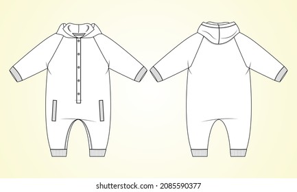 Baby bodysuit  Romper Hoodie Technical Fashion sketch vector fashion template Front And back view. Modern Stylish Kids Dress design illustration. Easy edit and customizable.