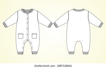 Baby bodysuit  Romper  Technical Fashion sketch vector fashion template Front And back view. Modern Stylish Kids Dress design illustration. Easy edit and customizable.