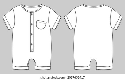 Baby bodysuit Romper Technical Fashion Flat sketch vector illustration template Front And back view. Modern Stylish Kids Dress design Easy edit and customizable.
