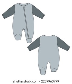 Baby bodysuit Romper Technical Fashion sketch vector template Front, back view. Modern Stylish Kids Dress design illustration.
