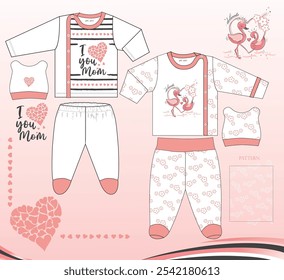 baby bodysuit set with swan and heart design graphic