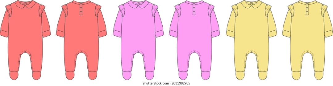 Baby bodysuit Technical Fashion Flat sketch vector fashion template Front And back view. Red, purple, Yellow color Modern Stylish Kids Dress design illustration. Easy edit and customizable.