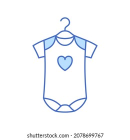 Icono de la línea delgada del traje de bebé aislado en fondo blanco. Niña y niño recién nacidos azules vestidos de colgador con corazón. Diseño de la tienda de moda infantil con logotipo o firma. Ilustración vectorial del contorno de la tela infantil.