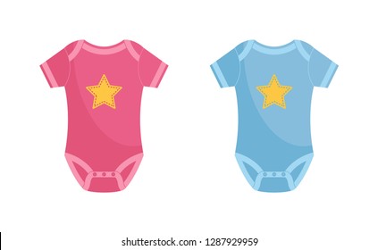Baby bodysuit vector illustration set - pink and blue newborn wearing decorated with yellow star.