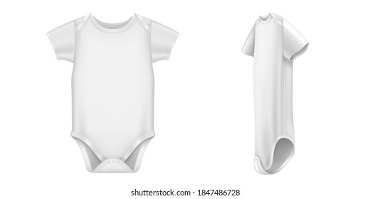 Baby Bodysuit, White Infant Romper With Short Sleeves Front And Side View. Vector Realistic Mockup Of Blank Cotton Clothes For Kids, Newborn Body Suit Isolated On White Background