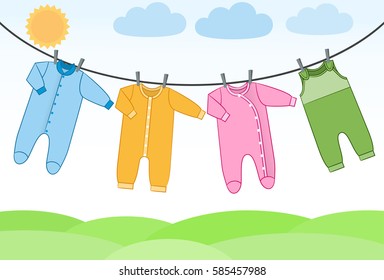 Baby bodysuits, rompers and overalls on clothesline. Infant clothes. Garments for kids. Vector flat isolated clothing on landscape background