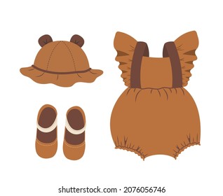 Baby Boho Clothes. Cute Little Girl Wardrobe. Kids Scandinavian Outfit. Vector Illustration In Flat Cartoon Style. Vintage Wear For Children.