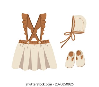 Baby Boho Clothes. Cute Little Girl Wardrobe. Kids Scandinavian Outfit. Vector Illustration In Flat Cartoon Style. Vintage Wear For Children.