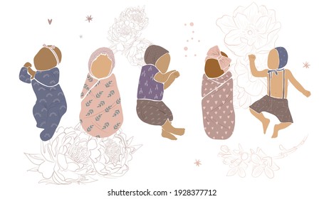 baby boho modern scandinavian style. abstract minimalism. newborn baby in a cocoon. ideal for postcards, parties, social media stories and bloggers
