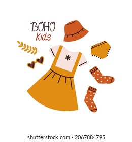 Baby boho outfits. Vector dress, glasses, socks. Hand drawn illustration.