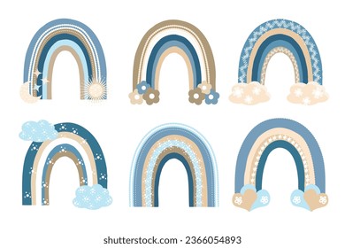 Baby boho rainbow. Cute vector illustration of moon stars sun in pastel colors. For children's poster design. 