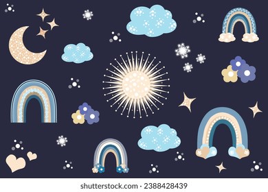 Baby boho set. Cute bohemian rug, tapestry, poster. Cartoon rainbow, sun, stars, moon, flowers, snowflakes, clouds.