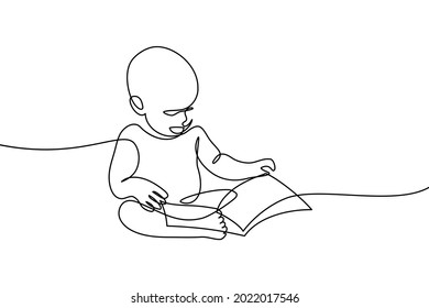 Baby With A Book In Continuous Line Art Drawing Style. Young Child Sitting And Turning Pages Of A Board Book. Early Reading. Black Linear Sketch Isolated On White Background. Vector Illustration