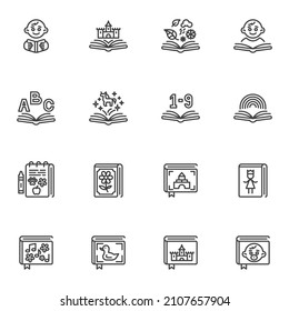 Baby books line icons set, outline vector symbol collection, linear style pictogram pack. Signs, logo illustration. Set includes icons as baby story books, child reading, fantasy tales, alphabet