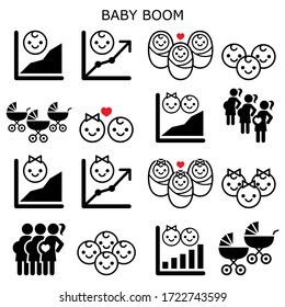 Baby Boom, Baby Boomer Generation Vector Icons Set - Increase In Fertility Rates Of Boys And Girls.

Preganancy Boom, Baby Boom Design Set, Demographics Concept Icons In Black Isolated On White