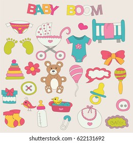 Baby boom elements stickers set. Hand drawn colorful doodle elements vector illustration.