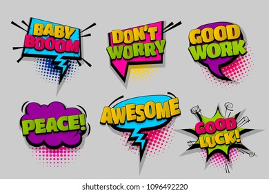 Baby boom good luck pop set hand drawn pictures effects template comics speech bubble halftone dot background pop art style. Comic dialog cloud. Idea conversation sketch explosion.