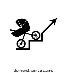 Baby boom icon. Vector illustration of baby carriage riding up the stairs. Fertility growth curve. Population icrease symbol isolated on white background. Birth rate concept.