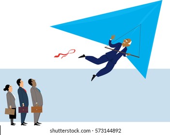 Baby boomer businessman retiring and flying away on a deltaplane leaving his coworkers, EPS 8 vector illustration