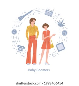 Baby Boomer Generation Man And Woman Surrounded By Symbols Of Culture And Technology Used By Their Generation, Flat Vector Illustration Isolated On White Background.