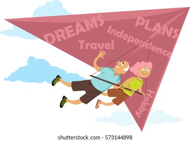 Baby Boomers Retiring. Middle Age Couple Flying On A Deltaplane, EPS 8 Vector Illustration