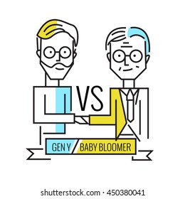 Baby Boomers VS Generation Y. Business Human Resource And Teamwork.  Flat Line Character Design. Vector Illustration