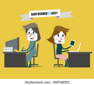 Baby Boomers VS Generation Y. Business Human Resource. Flat Character Design. Vector Illustration