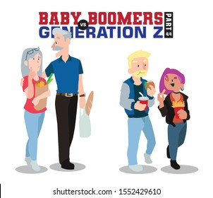 Baby Boomers Vs Generation Z. Generation X Millenials. Elderly People With Young Generations Vector Part 4