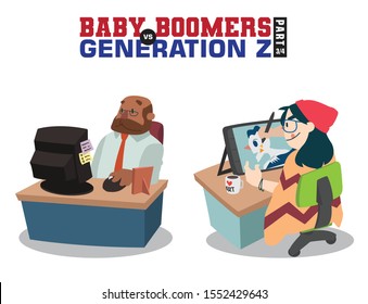 Baby Boomers Vs Generation Z. Generation X Millenials. Elderly People With Young Generations Vector Part 3