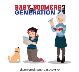 Baby Boomers Vs Generation Z. Generation X Millenials. Elderly People With Young Generations Vector Part 2