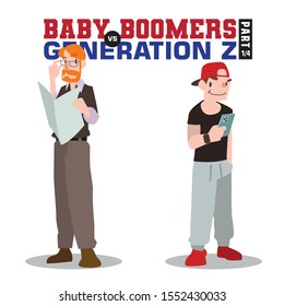 Baby Boomers Vs Generation Z. Generation X Millenials. Elderly People With Young Generations Vector Part 1