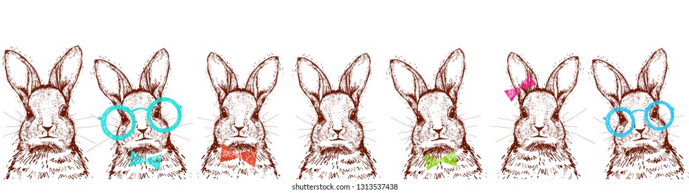 Baby border with pretty bunnies. Human hand drawn bunnies. Sweet hipster rabbits