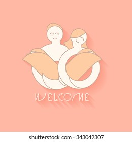 Baby born announcement flat illustration with shadow. Happy parents with newborn babies thin line icon.Web design logo element. Baby carriage logotype. Modern style logo.