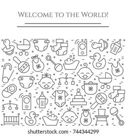 Baby born banner with pictograms of different newborn and motherhood elements and accessories collected in form of horizontal rectangle. Vector illustration of outline icons with editable stroke.