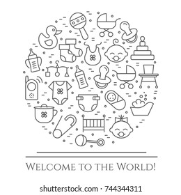 Baby born banner with pictograms of different newborn and motherhood elements and accessories collected in form of round. Vector illustration of outline icons with editable stroke.