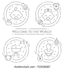 Baby born banner with pictograms of different newborn and motherhood elements and accessories in circles. Vector illustration of outline icons with editable stroke.