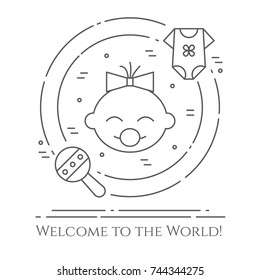 Baby born banner with thin line pictograms of kid girl face inside circle and rattle and clothes on it isolated on white background. Vector illustration of outline icons.