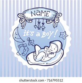 Baby born doodle set. Baby shower set. Vector illustration. Its a boy!