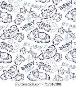 Baby born doodle set. Baby shower set. Vector illustration. Its a boy!
