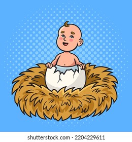 Baby born from egg in nest pinup pop art retro vector illustration. Comic book style imitation.