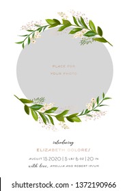 Baby Born Greeting Card With Floral Elements. Baby Shower Template Photo Frame With Flowers. Newborn Child, Wedding Invitation Save The Date Card With Wreath, Leaves. Vector Illustration