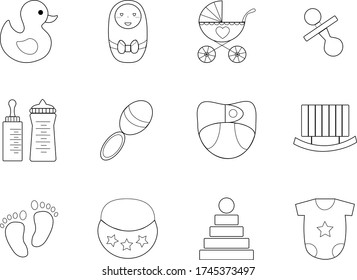 Baby born icons set with different child and motherhood symbols and accessories elements. Isolated 55x45 pixels pictograms vector illustration.